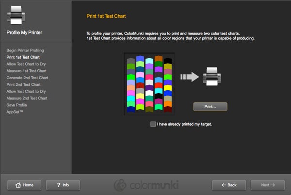 ColorMunki printer profiling software with test chart print option.