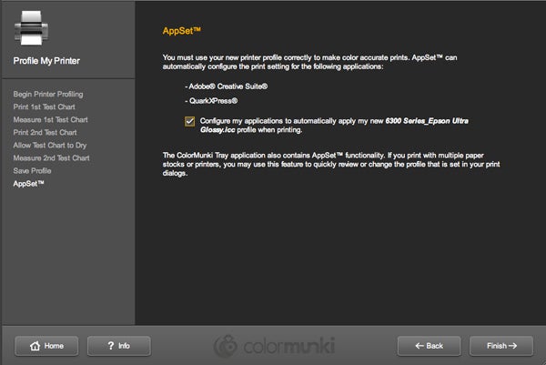 Screen capture of ColorMunki printer profiling software interface.