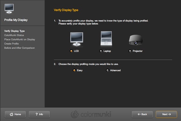 Screenshot of ColorMunki display profiling software interface.