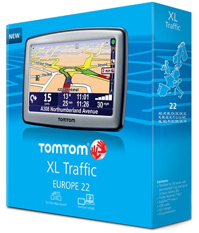 TomTom XL Traffic Europe 22 GPS navigation system in box.TomTom XL Traffic Europe 22 GPS in packaging.