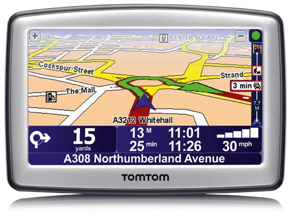 TomTom XL Traffic Europe 22 GPS device showing map and route information.