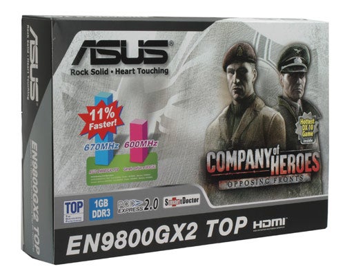 Asus EN9800GX2 graphics card box with performance details.