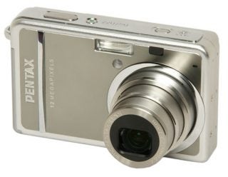 Pentax Optio S12 digital camera on white background.