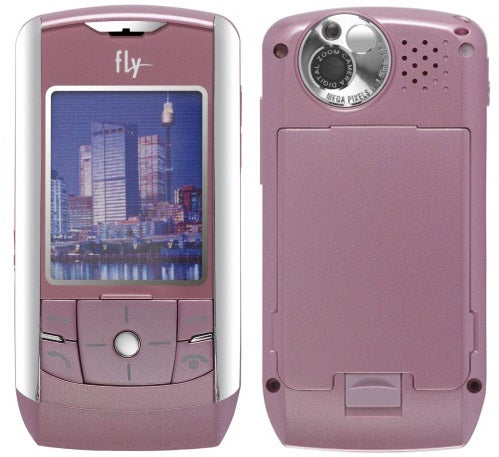 Front and back view of a pink Fly SL500i mobile phone.