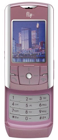 Pink Fly SL500i mobile phone with cityscape on screen