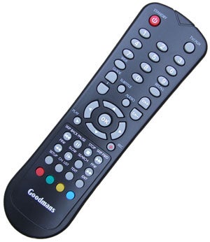 Goodmans GHD2521F2 PVR remote control on white background.