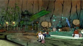Screenshot of Okami game on Wii showing character and scenic art style.