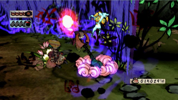 Okami video game screenshot showing combat on Wii.Screenshot of Okami game on Wii featuring combat scene.