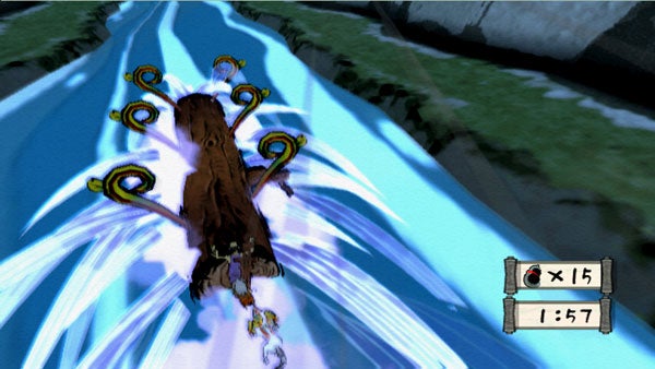 Screenshot of Okami character running with special ability activated.Okami Wii gameplay showing character Amaterasu using water power.