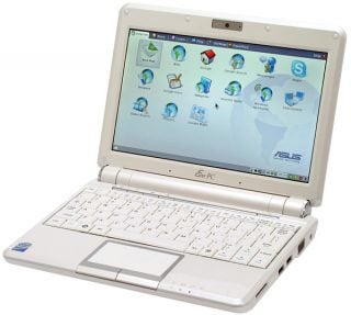Asus Eee PC 901 netbook with open Linux desktop.