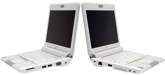 Two Asus Eee PC 901 laptops, white, in open positionAsus Eee PC 901 20G Linux Edition netbooks open side by side.