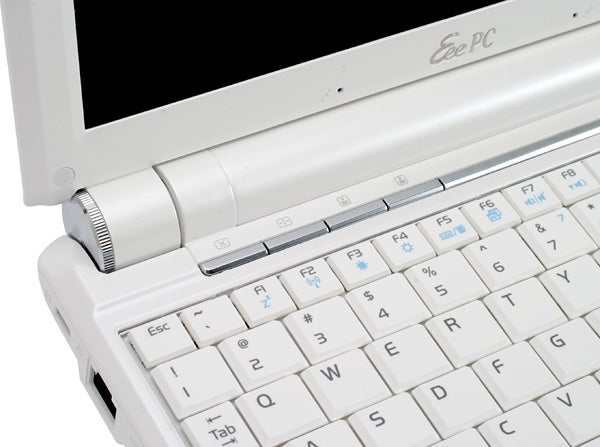 Close-up of Asus Eee PC 901 keyboard and screen hinge.