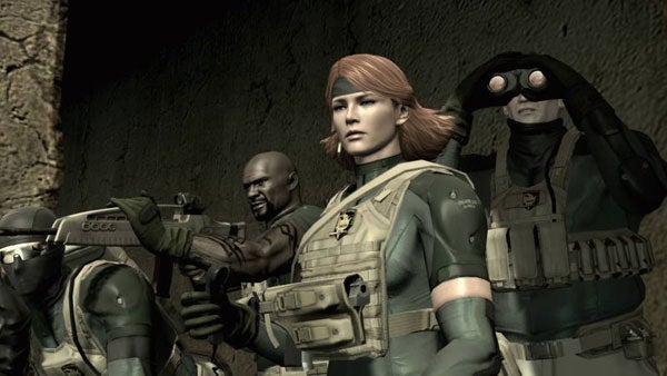 Characters from Metal Gear Solid 4 armed and ready for combat.Screenshot of characters from Metal Gear Solid 4 video game.
