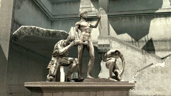Statue from Metal Gear Solid 4 game scene.Metal Gear Solid 4 screenshot featuring statue and game characters.