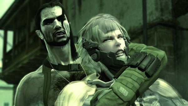 Scene from Metal Gear Solid 4 gameplay with two characters.Two characters in a tense scene from Metal Gear Solid 4.
