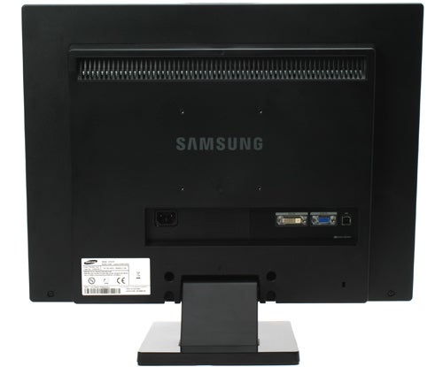 Back view of a Samsung SyncMaster 225uw LCD monitor.Samsung SyncMaster 225uw monitor's rear view with ports and stand.