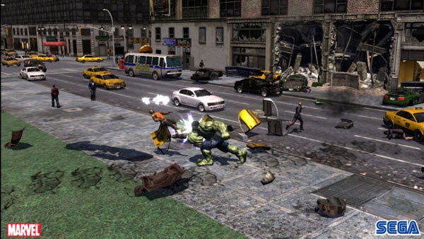 Hulk character in action on city street in video game scene.