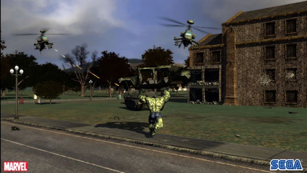 Hulk smashing helicopters in The Incredible Hulk video game.Screenshot of Hulk gameplay from The Incredible Hulk video game.