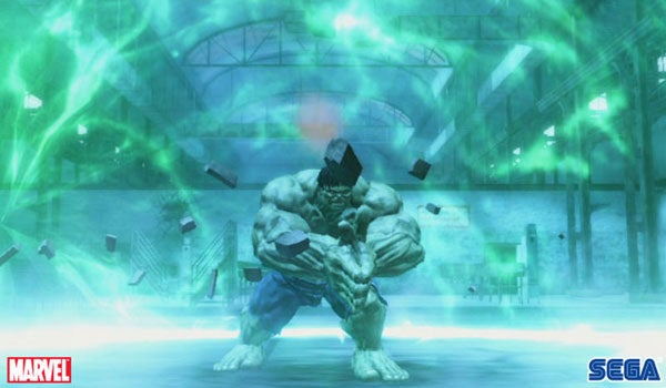 Hulk character performing a power move in the video game.Screenshot of The Incredible Hulk video game by SEGA.