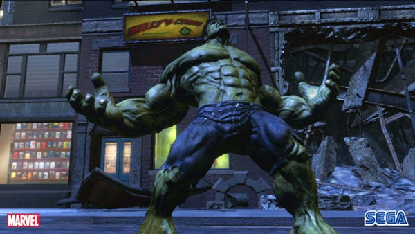 In-game screenshot of The Incredible Hulk character in action.Screenshot of The Incredible Hulk video game featuring Hulk in action.