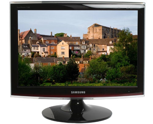 Samsung SyncMaster T200 LCD monitor displaying a landscape image.Samsung SyncMaster T200 LCD monitor displaying a landscape photograph.