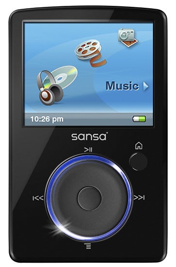 SanDisk Sansa Fuze MP3 player with music menu displayed.