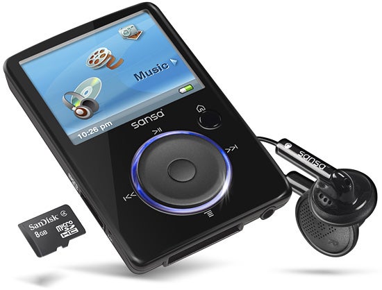 SanDisk Sansa Fuze MP3 player with earphones and memory card.