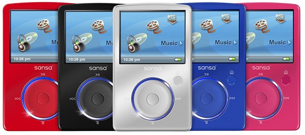 SanDisk Sansa Fuze MP3 players in various colors.SanDisk Sansa Fuze MP3 players in multiple colors