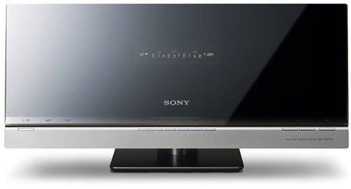 Sony flat-screen television with logo on displaySony flat-screen TV with a soundbar.