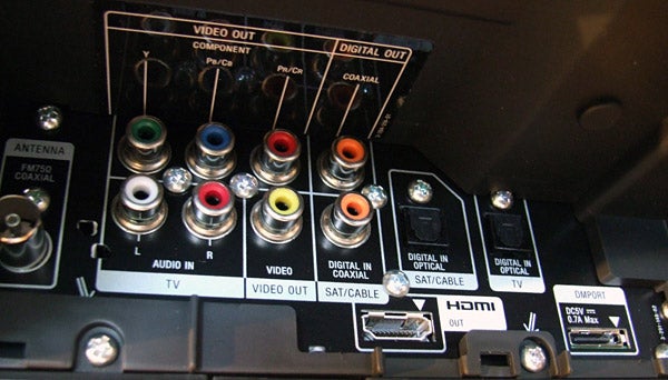 Close-up of Sony DAV-F200 Home Cinema System connectors.Back panel of Sony DAV-F200 Home Cinema System showing various connections.