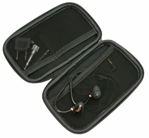 Klipsch Custom-3 earphones in a black zippered case.Klipsch Custom-3 earphones with carrying case.