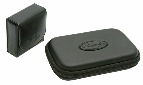 Klipsch Custom-3 earphones black carrying case open and closed.Klipsch Custom-3 earphones carrying case on white background.