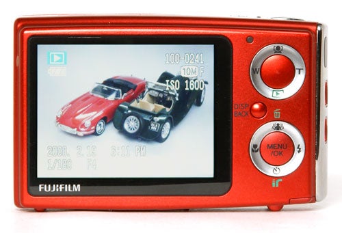 Fujifilm FinePix Z20fd camera displaying photo of toy cars.
