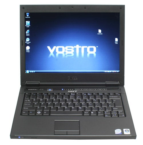 Dell Vostro 1310 laptop open displaying desktop screenDell Vostro 1310 laptop with open lid displaying screen.