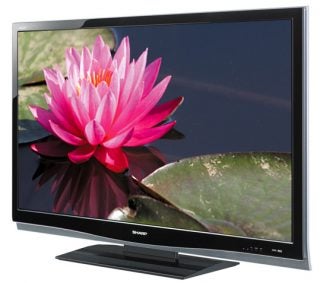 Sharp Aquos LC-52X20E LCD TV displaying vibrant flower image.