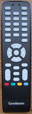 Goodmans Freesat receiver remote control with colored buttons.Goodmans satellite receiver remote control with colored buttons.