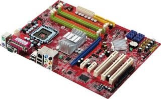 MSI P43 Neo motherboard with red circuitry and multiple slots.