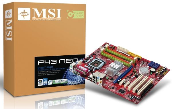 MSI P43 Neo motherboard with packaging box.