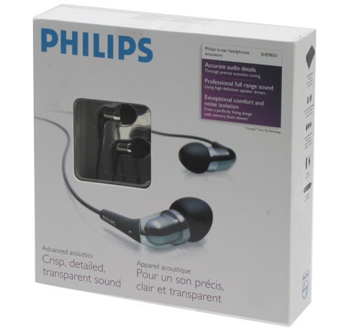 Philips SHE9850 earphones packaging box with product visible.