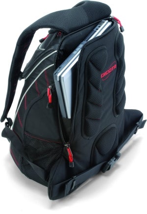 Dicota BacPac Xtreme Laptop Bag with laptop partially inserted.Dicota BacPac Xtreme Laptop Bag with open compartments