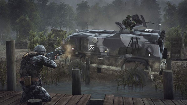 Screenshot of gameplay from Battlefield: Bad Company.Screenshot from Battlefield: Bad Company showing a soldier and a tank.