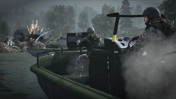 Screenshot of Battlefield: Bad Company gameplay with boat and explosion.Battlefield: Bad Company gameplay showing soldiers on a boat.