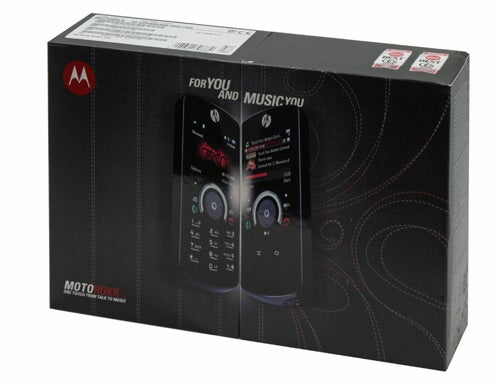 Motorola ROKR E8 phone packaging box.Motorola ROKR E8 mobile phone in its original packaging.