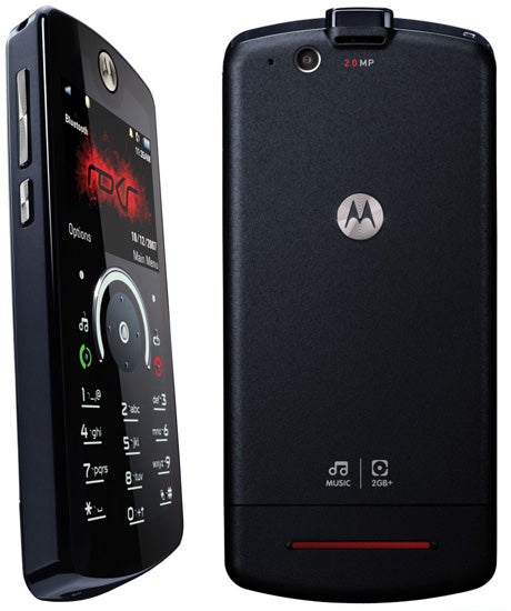 Motorola ROKR E8 phone showing front and back design.Motorola ROKR E8 mobile phone showing front and back views.