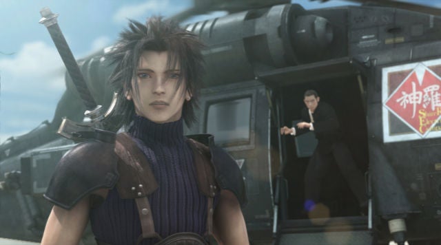 Crisis Core Final Fantasy VII game character in front of a helicopter.