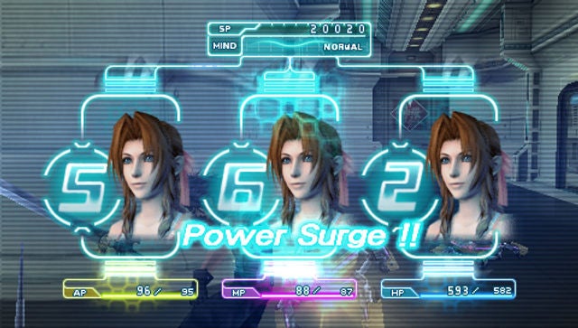 Screenshot of Crisis Core - Final Fantasy VII game showing Screenshot from Crisis Core - Final Fantasy VII game showing Power Surge sequence.