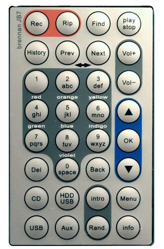 Remote control of Brennan JB7 Digital Jukebox with labeled buttons.Remote control for Brennan JB7 Digital Jukebox.