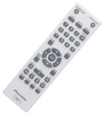 Pioneer DV-410V DVD player remote control on white background.