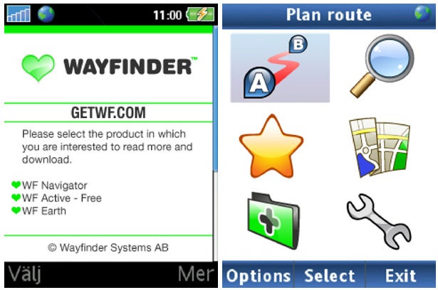 Screenshots of Wayfinder Navigator 8 application interface.Screenshot of Wayfinder Navigator 8 menu and route planning screen.