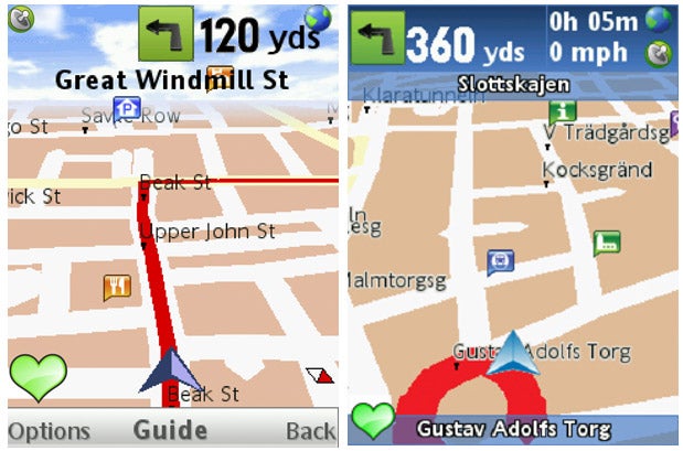 Screenshots of Wayfinder Navigator 8 GPS software in use.